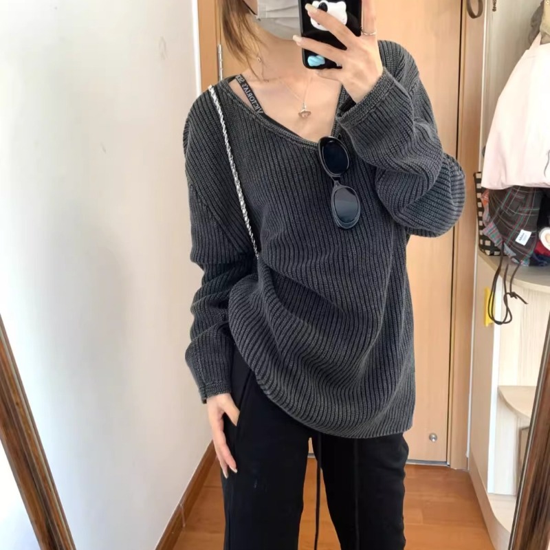 Street Fashion Winter 2025 - V Yaka Yıkanmış Düz Renk Rahat