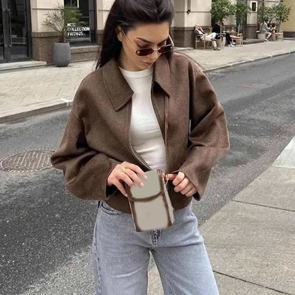 Street Fashion Shanghai - Vintage Katı Kahverengi Toplama Yaka Mont