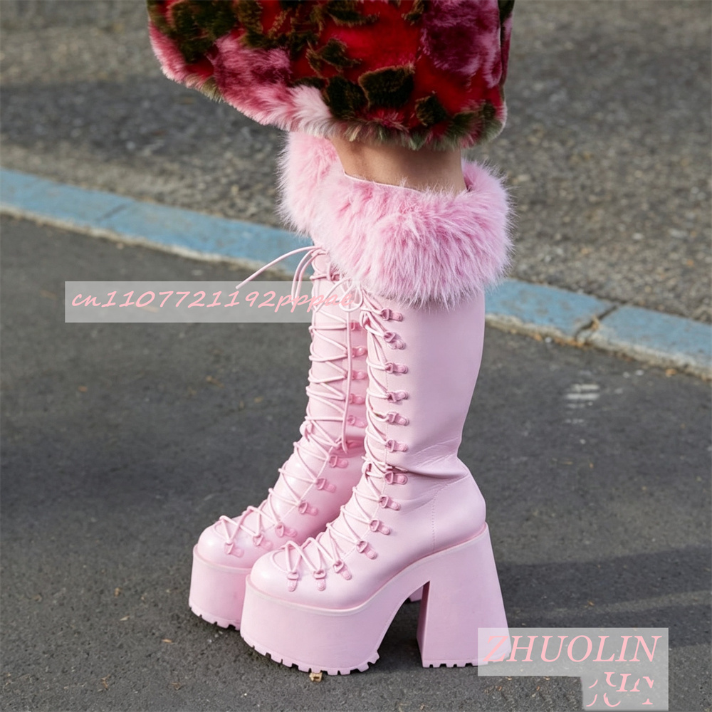 Street Fashion Lady - Kadın Platform Botları Diz Üstü Bağcıklı